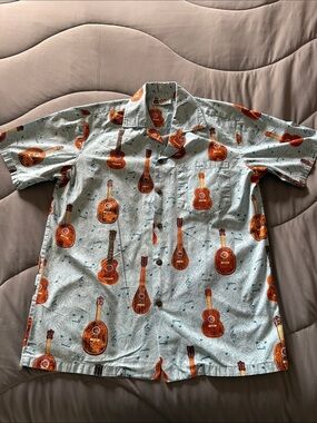 Aloha Republic Boys Short Sleeve Guitar Print Button-Up Shirt - Light Blue